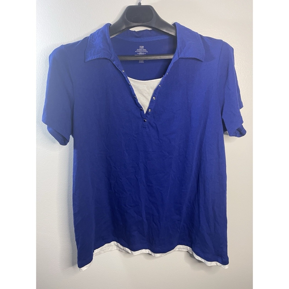 Faded Glory Womens 1X 16W Royal Blue Layered Look Short Sleeve Polo Shirt Snap